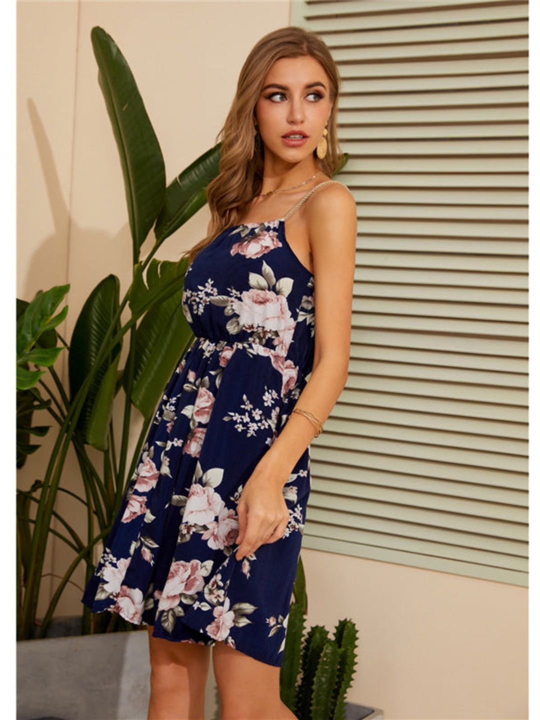 Oh Rare Womens Suspender A Line Woven Beaded Rope Printed Dress Navy