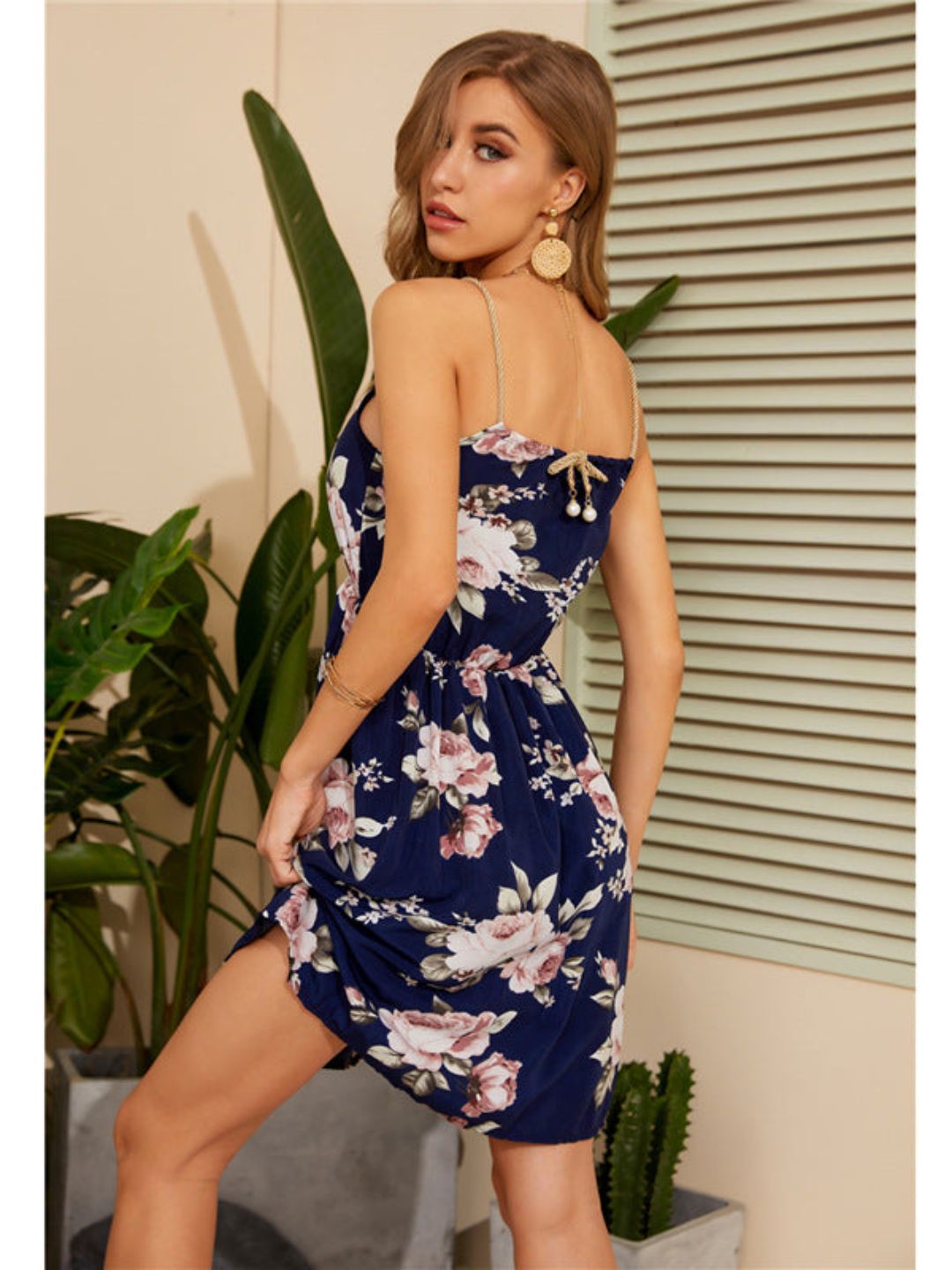 Oh Rare Womens Suspender A Line Woven Beaded Rope Printed Dress Navy