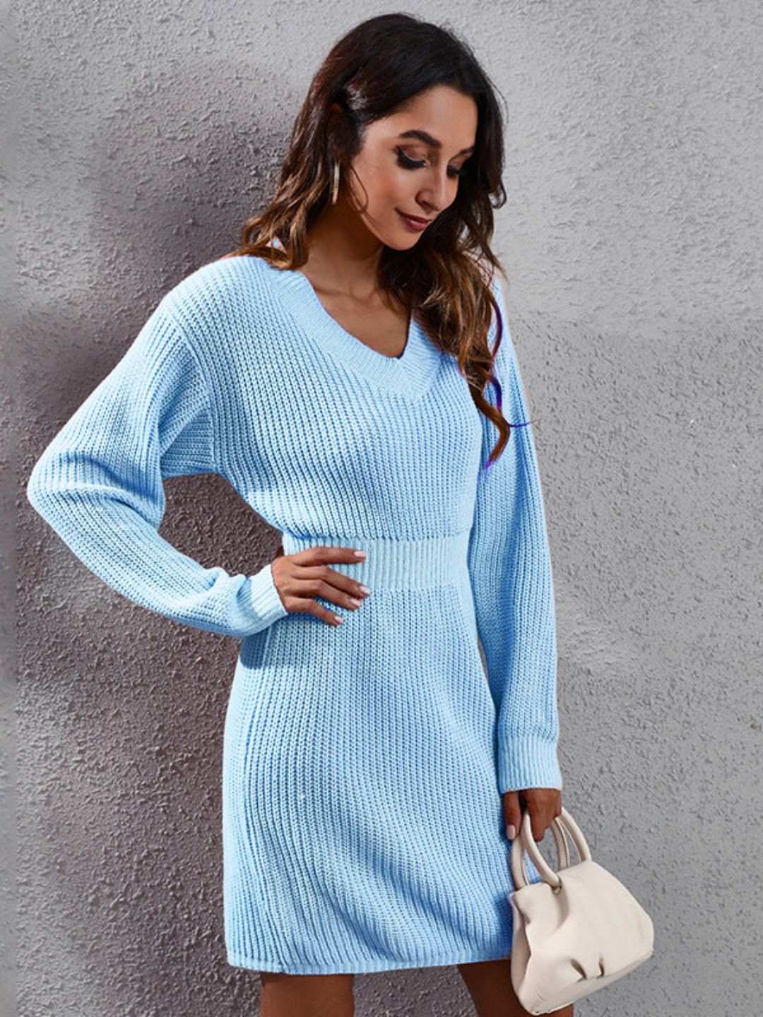 Womens V-Neck Long Sleeves Waisted Sweater Dress