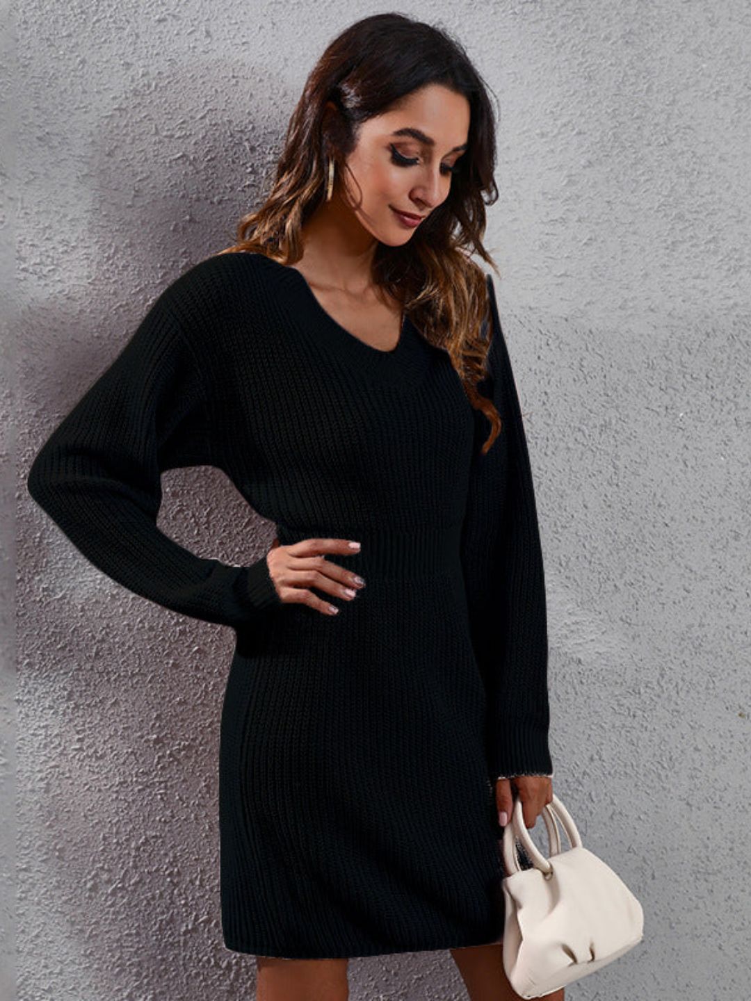 Womens V-Neck Long Sleeves Waisted Sweater Dress