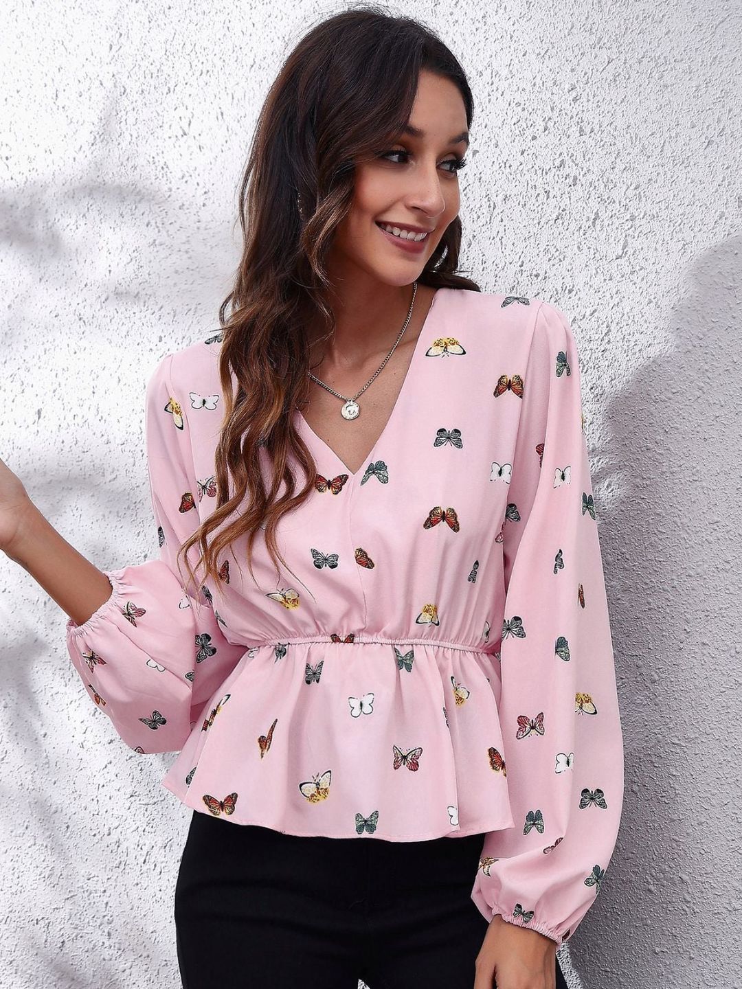 Women V-Neck Long Puff Sleeve Cinched Waist Pink Top