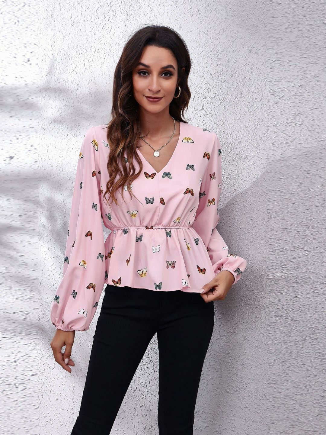 Women V-Neck Long Puff Sleeve Cinched Waist Pink Top