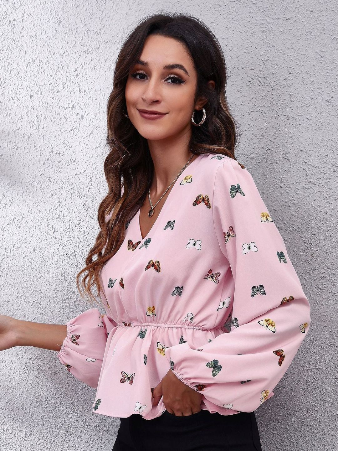 Women V-Neck Long Puff Sleeve Cinched Waist Pink Top