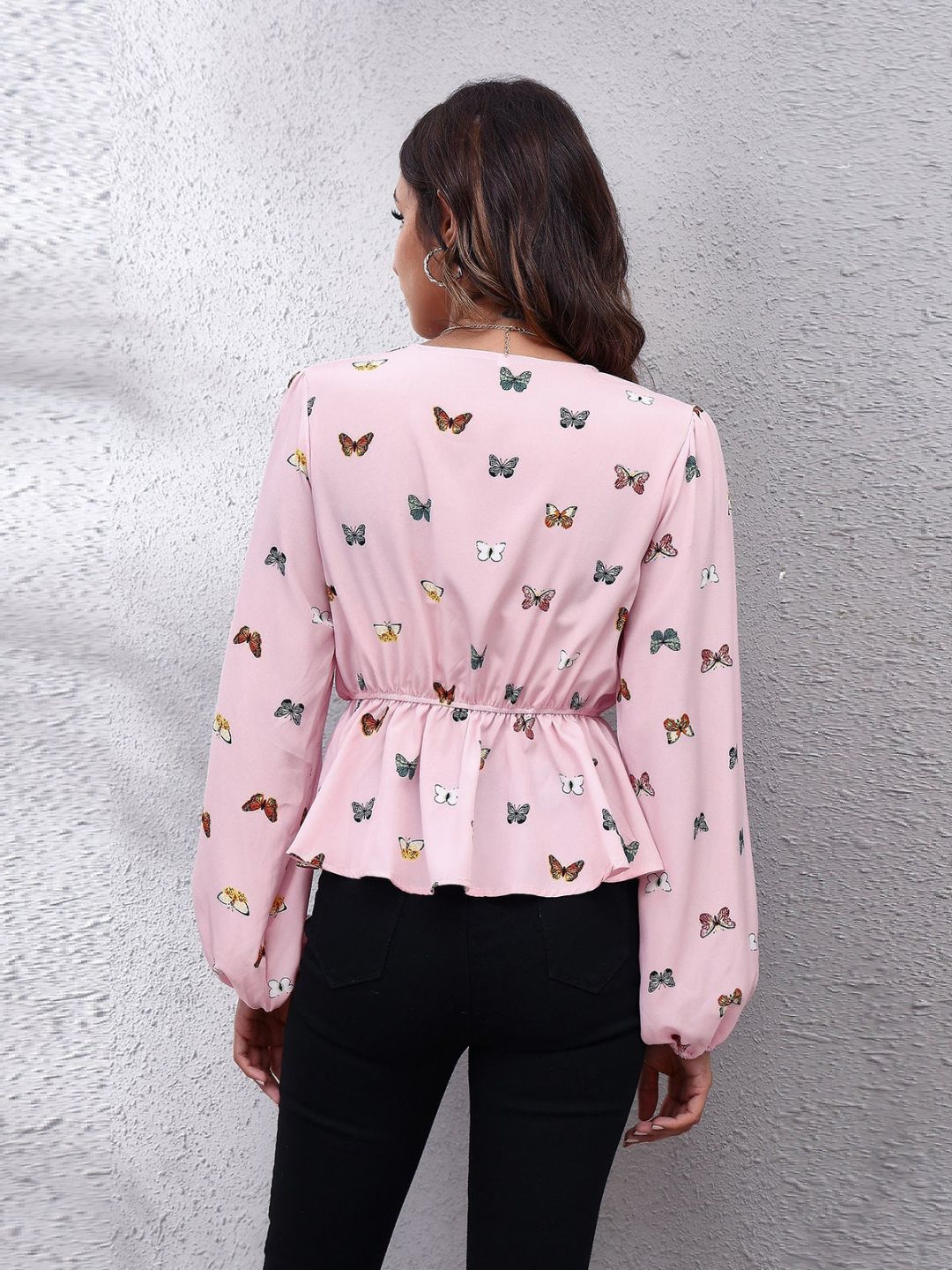 Women V-Neck Long Puff Sleeve Cinched Waist Pink Top