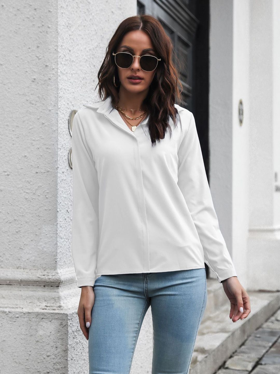 Women Cuffed Long Sleeves Shirt Style Top