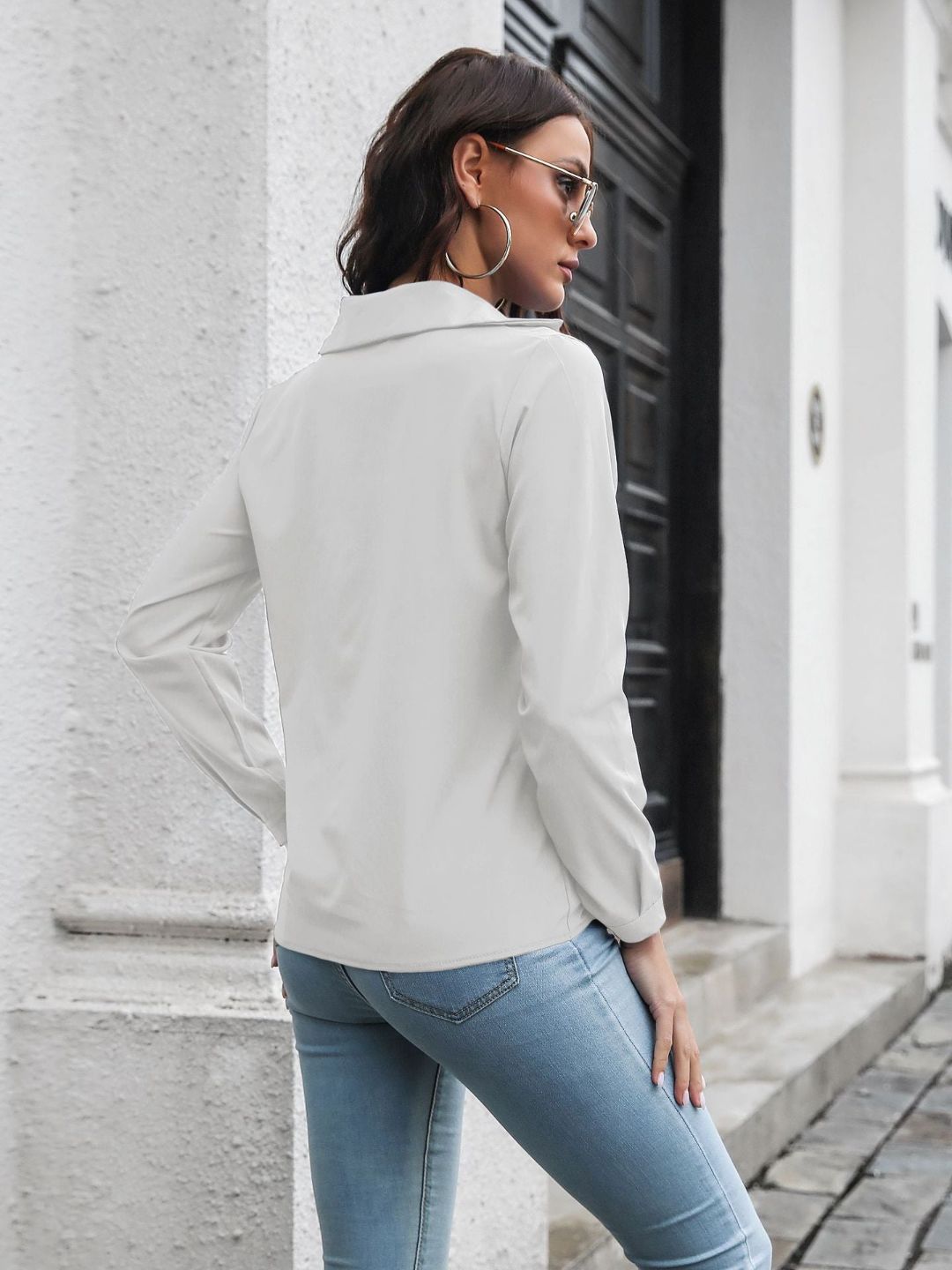 Women Cuffed Long Sleeves Shirt Style Top