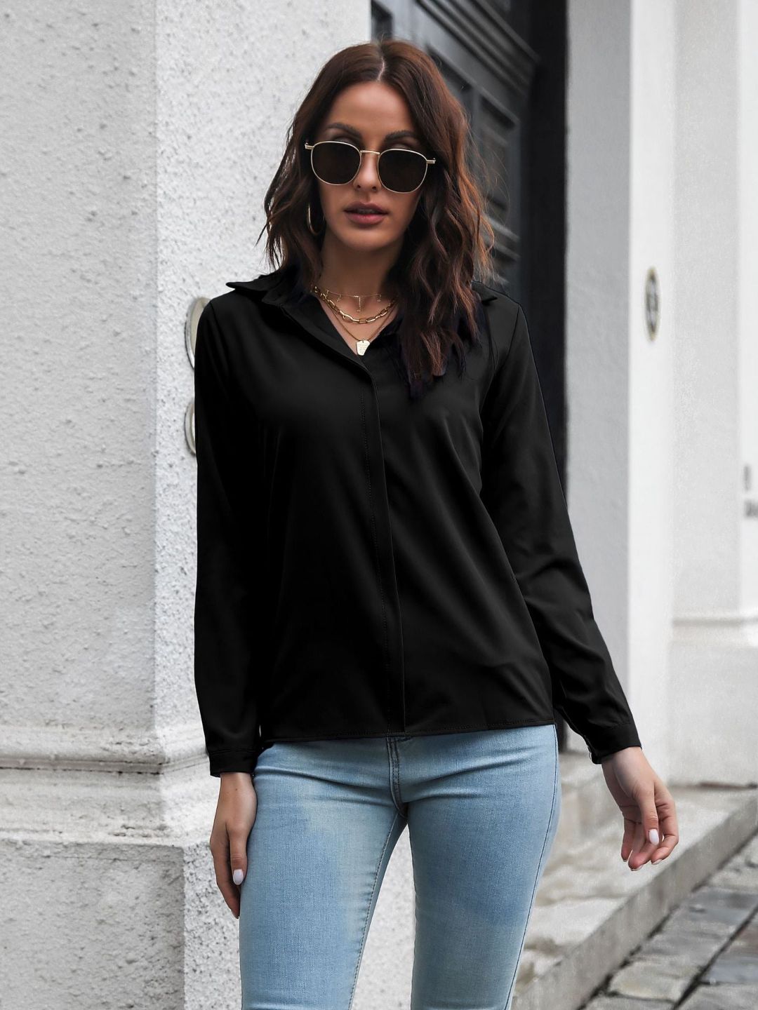 Women Cuffed Long Sleeves Shirt Style Top