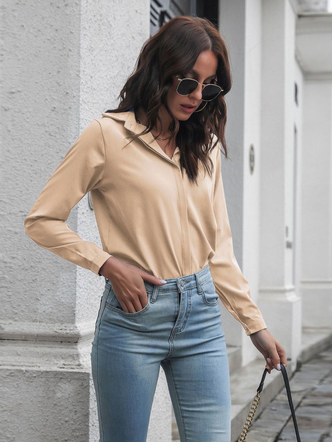 Women Cuffed Long Sleeves Shirt Style Top
