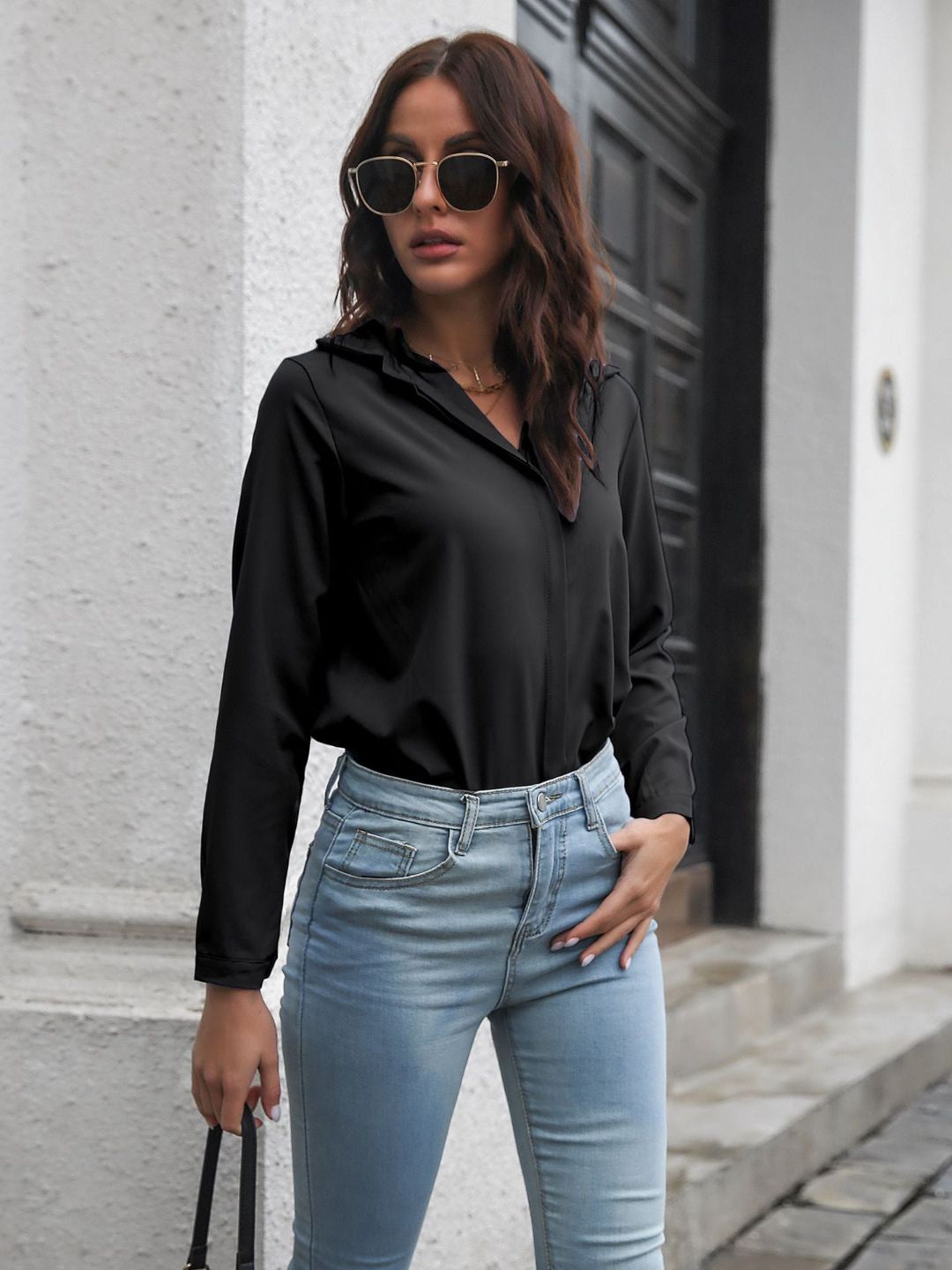 Women Cuffed Long Sleeves Shirt Style Top