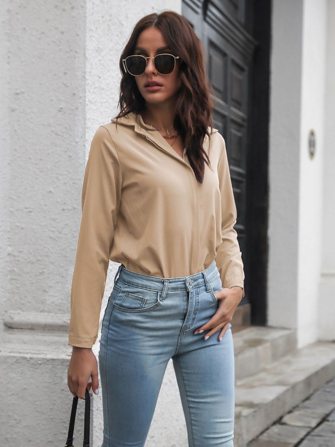 Women Cuffed Long Sleeves Shirt Style Top
