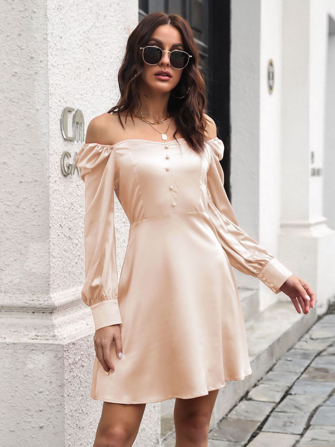 Women Off-Shoulder Long Sleeves Fit & Flare Dress