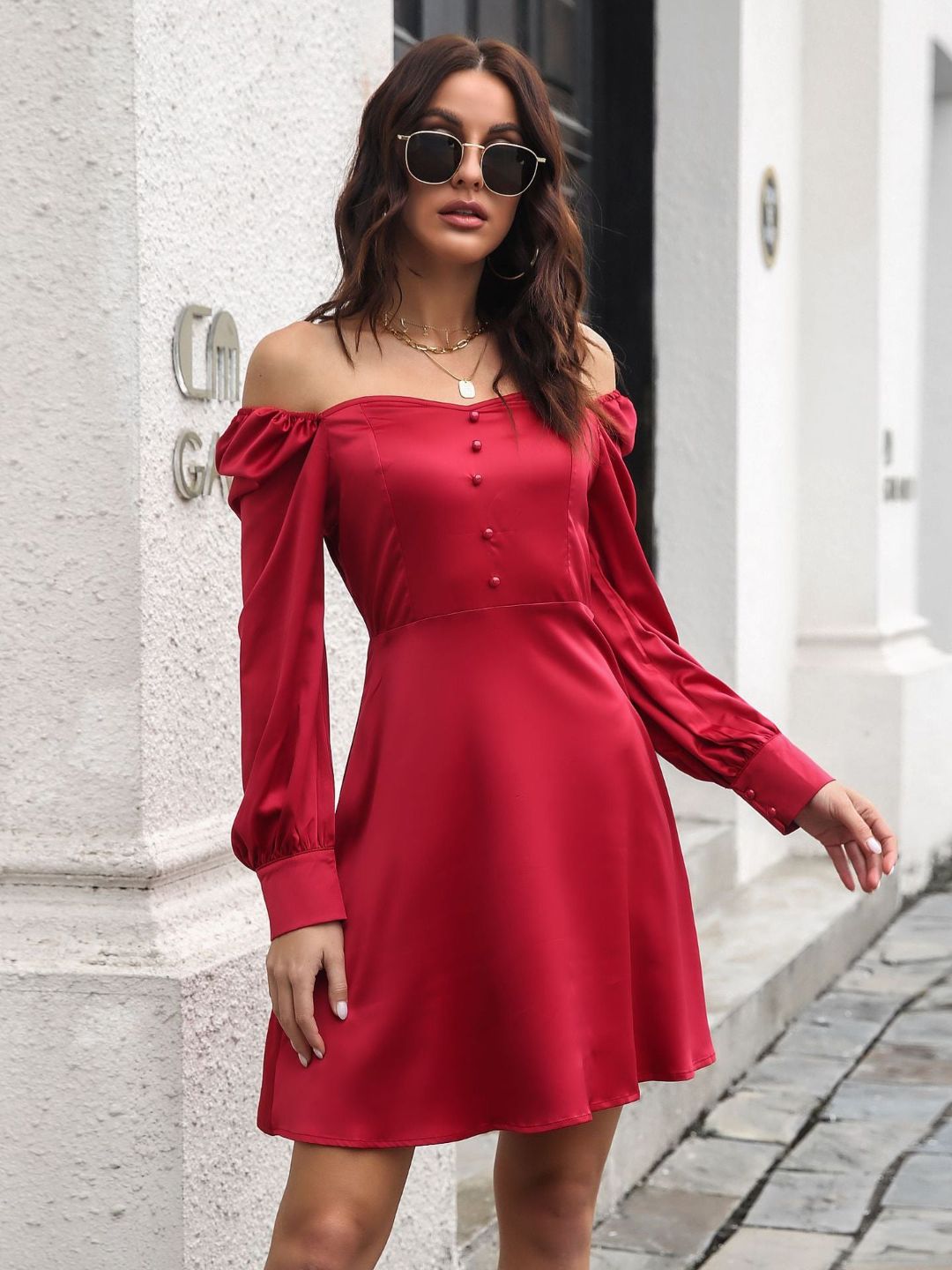 Women Off-Shoulder Long Sleeves Fit & Flare Dress