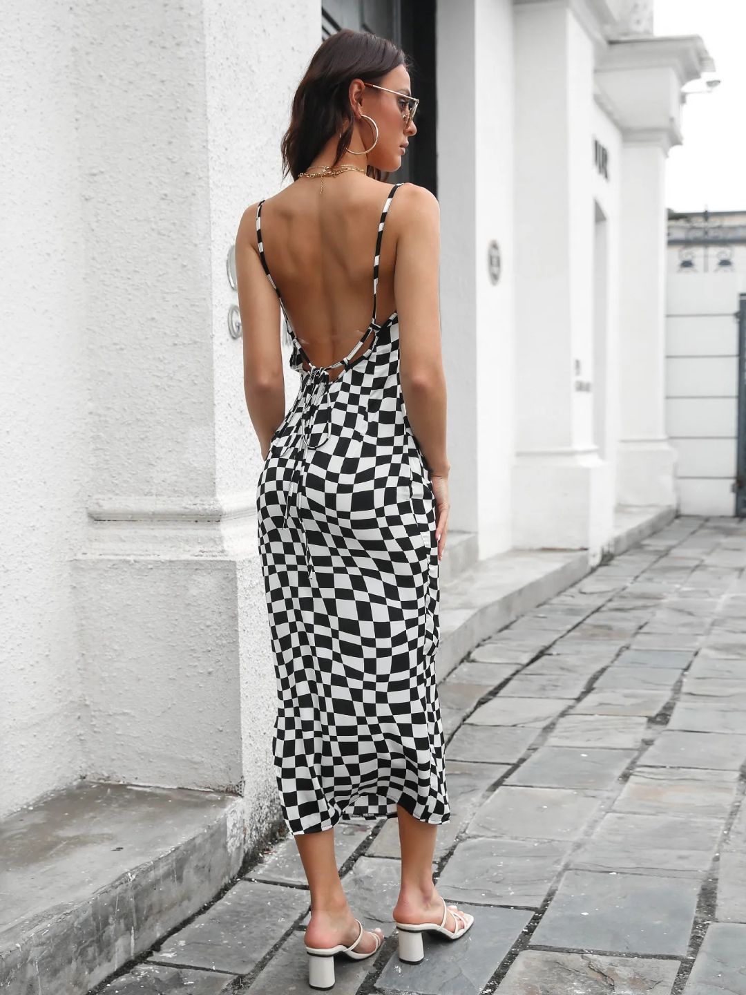 Women Swing Collar Side Slit Backless Print Sheath Midi Dress