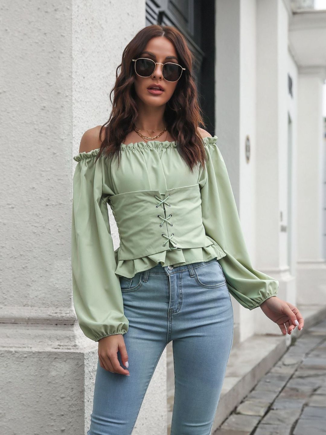 Women Off-Shoulder Long Bishop Sleeve Smocked Bardot Top