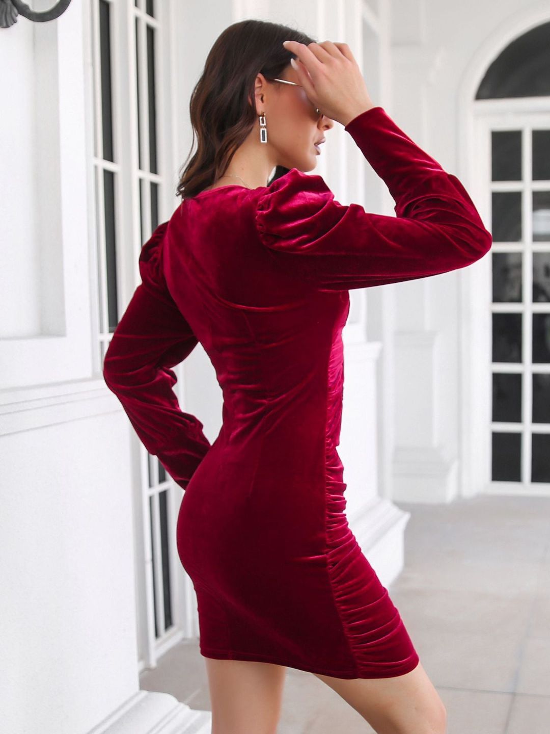 Women V-Neck Long Puff Sleeve Velvet Pleated Sheath Dress