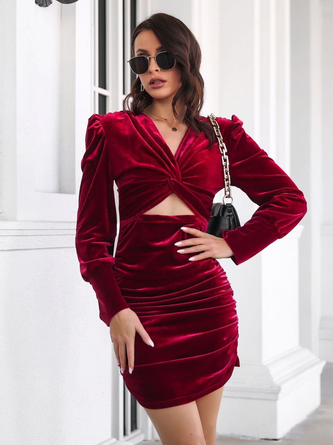 Women V-Neck Long Puff Sleeve Velvet Pleated Sheath Dress