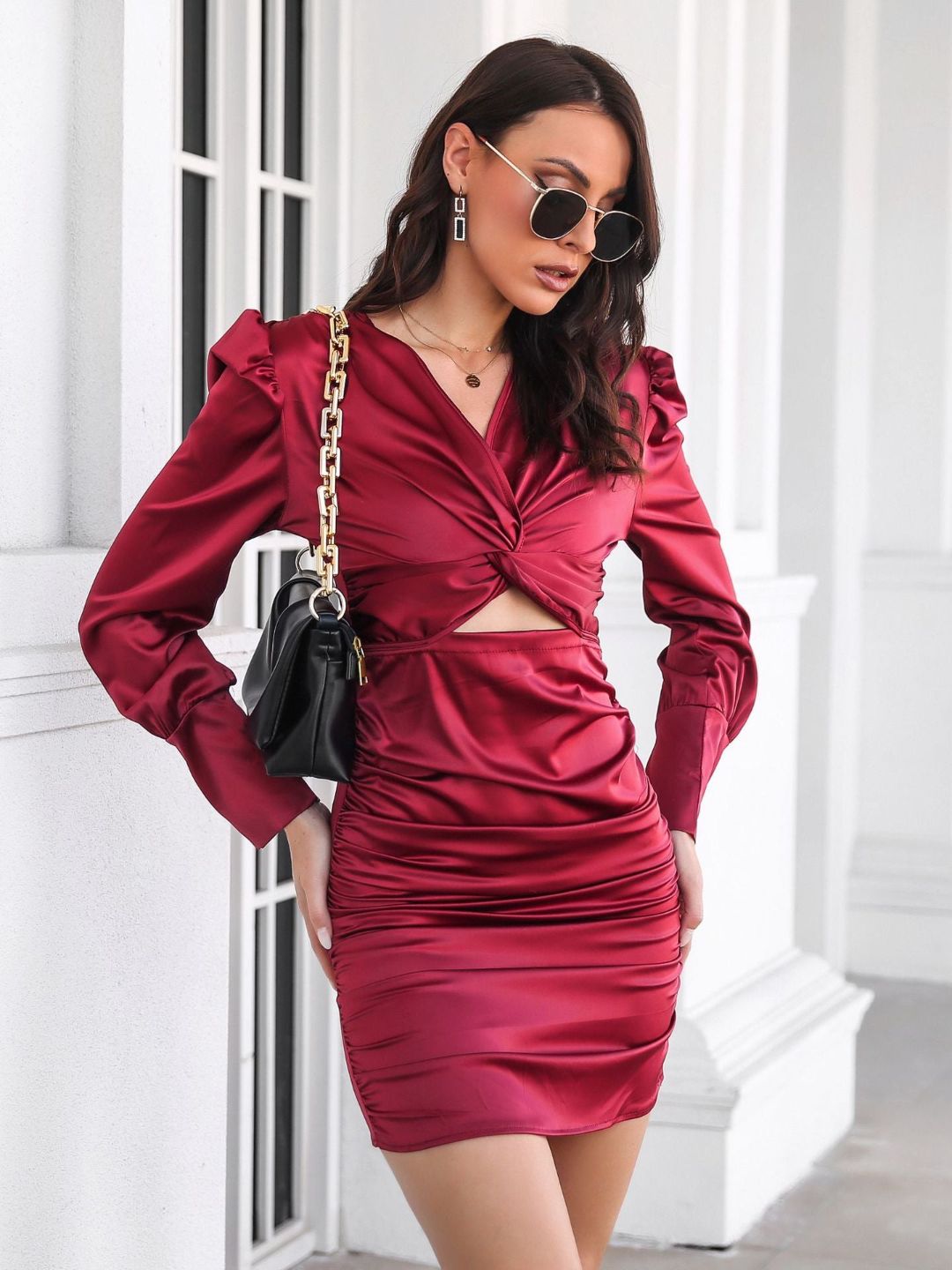 Womens Satin Twisted Puff Sleeve Pleated Dress