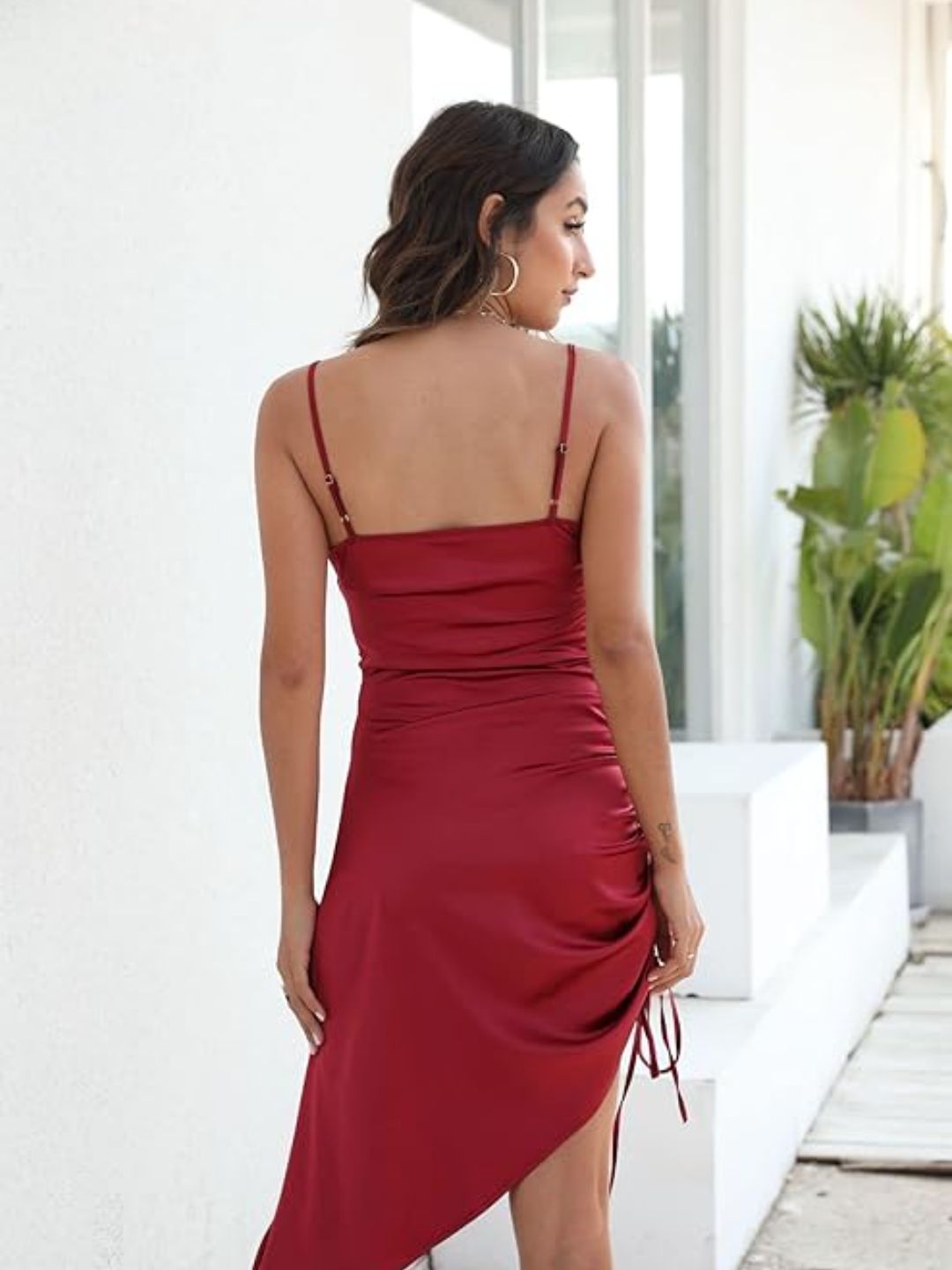 Satin Swing Side Drawstring Slit Backless Suspender Dress