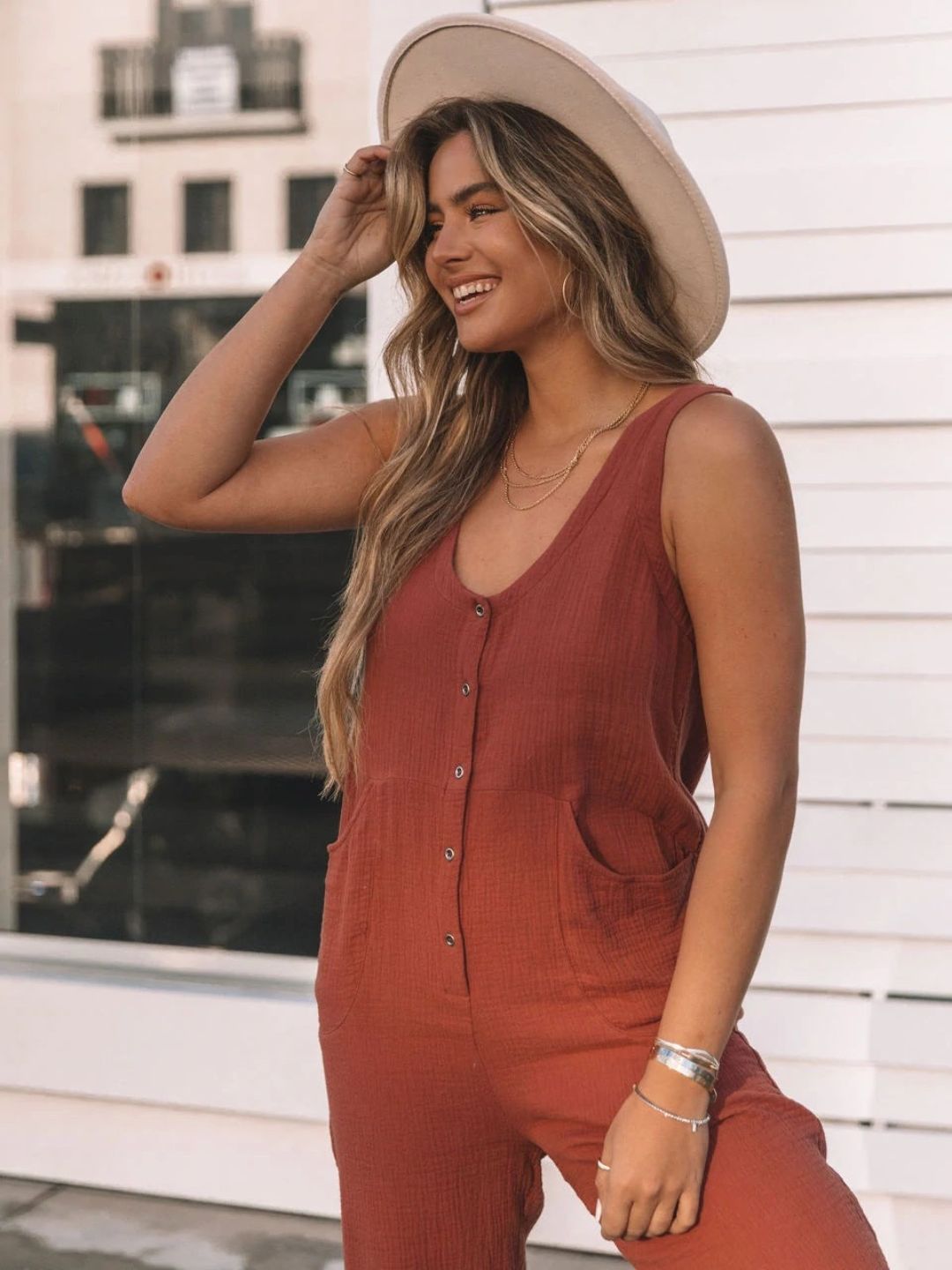 Solid Colour Button Casual Jumpsuit