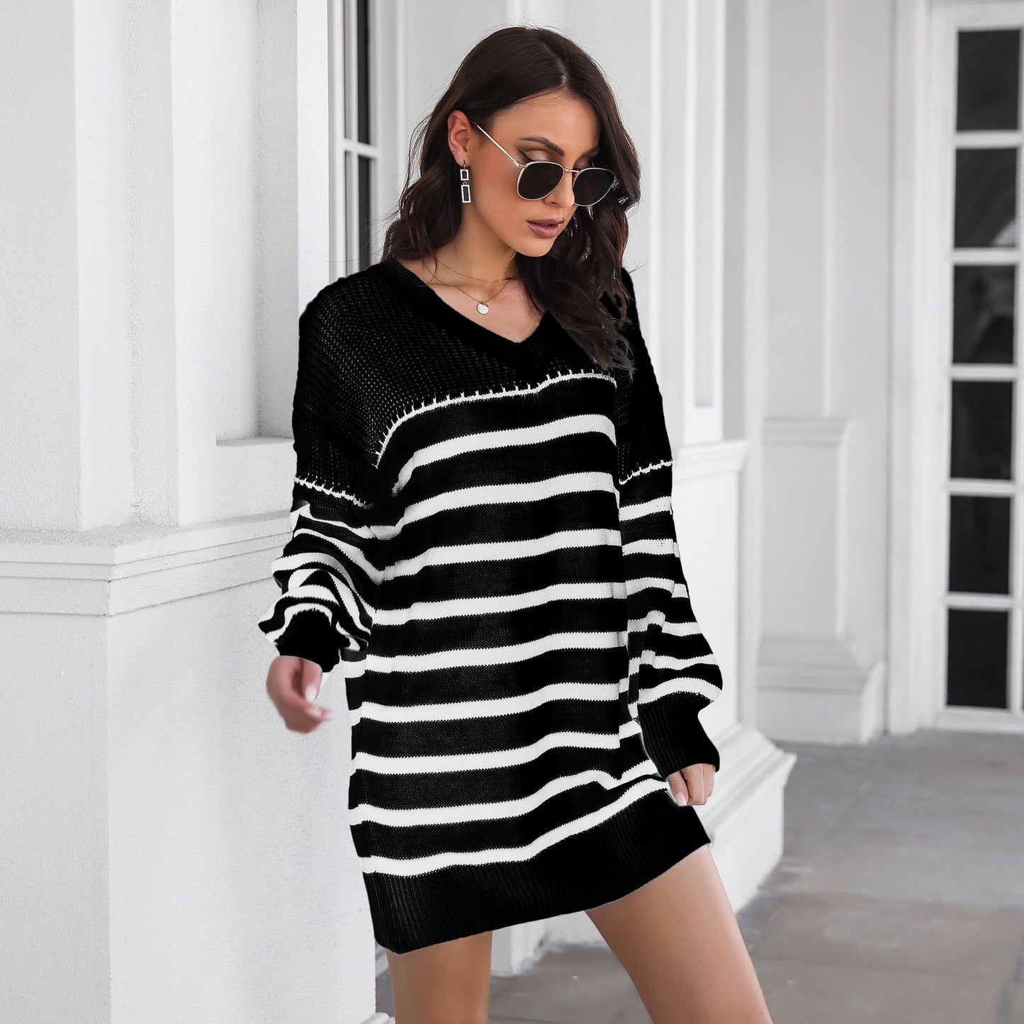 Womens Striped V-Neck Long Sleeves Sweater Dress