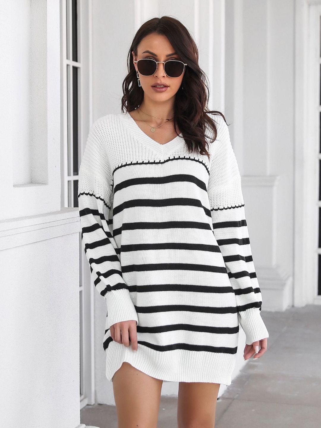 Womens Striped V-Neck Long Sleeves Sweater Dress