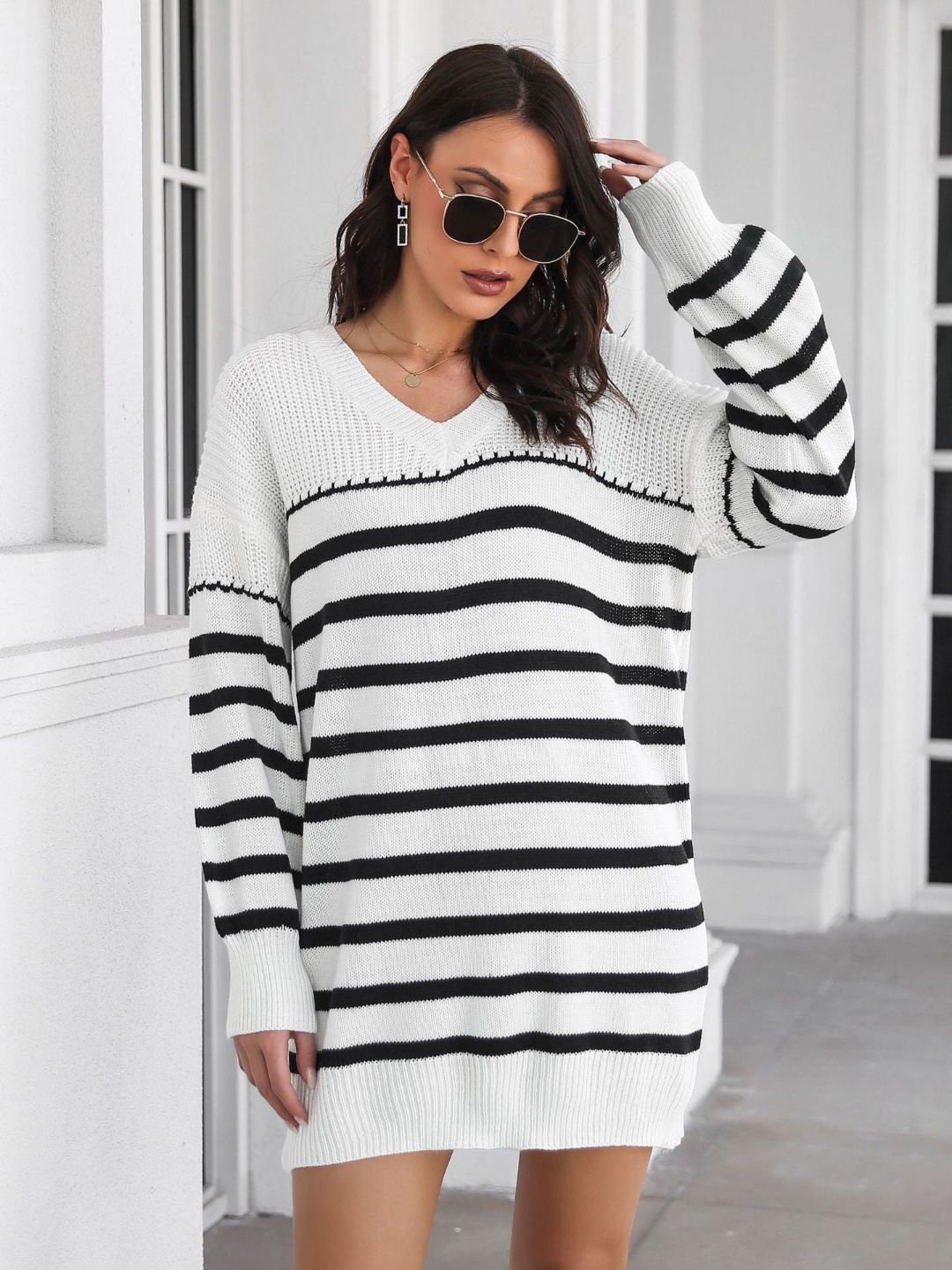 Womens Striped V-Neck Long Sleeves Sweater Dress