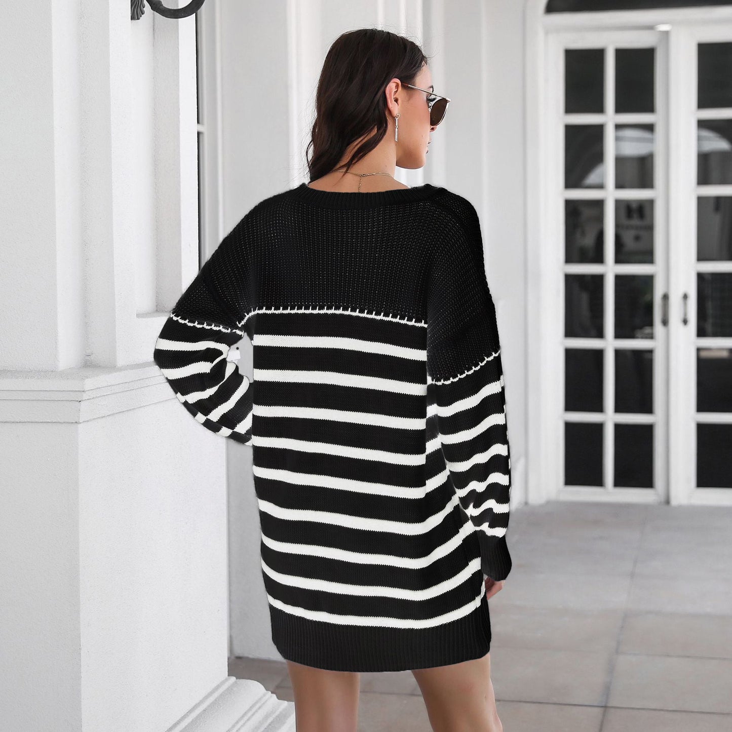 Womens Striped V-Neck Long Sleeves Sweater Dress