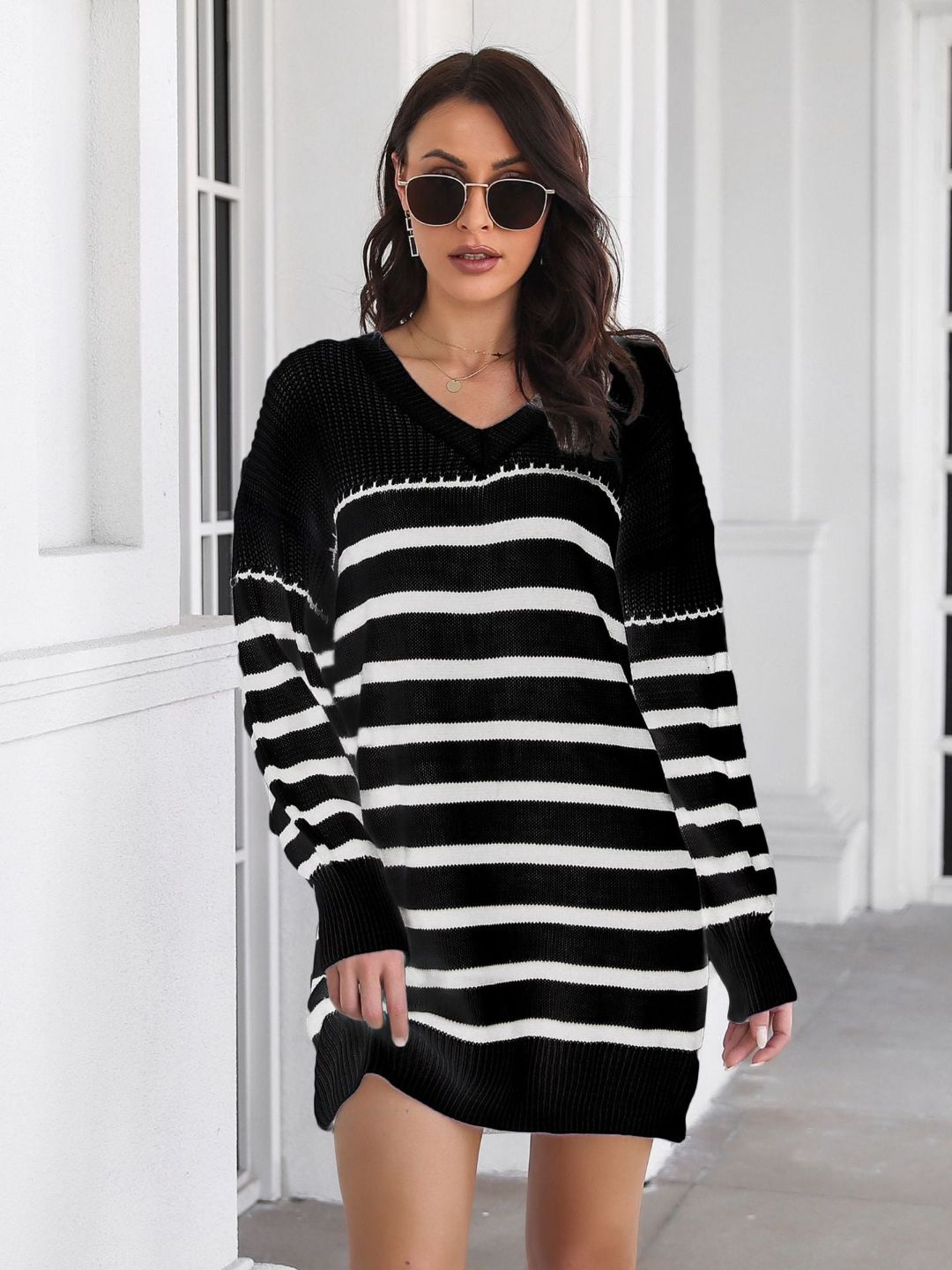 Womens Striped V-Neck Long Sleeves Sweater Dress