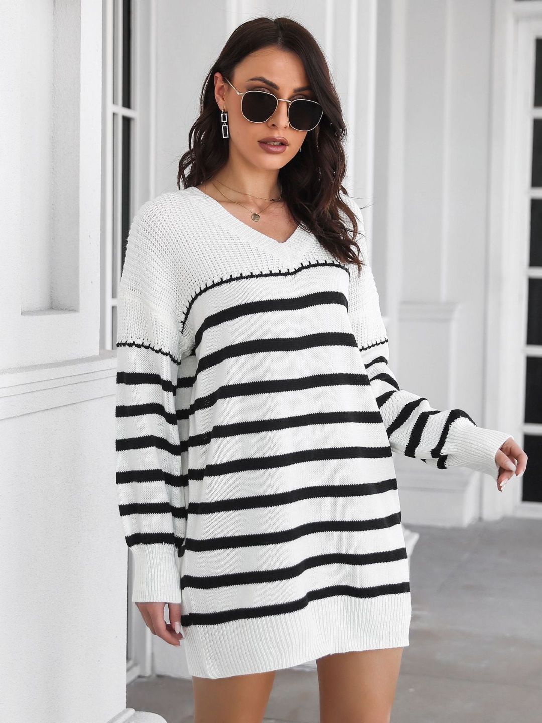 Womens Striped V-Neck Long Sleeves Sweater Dress