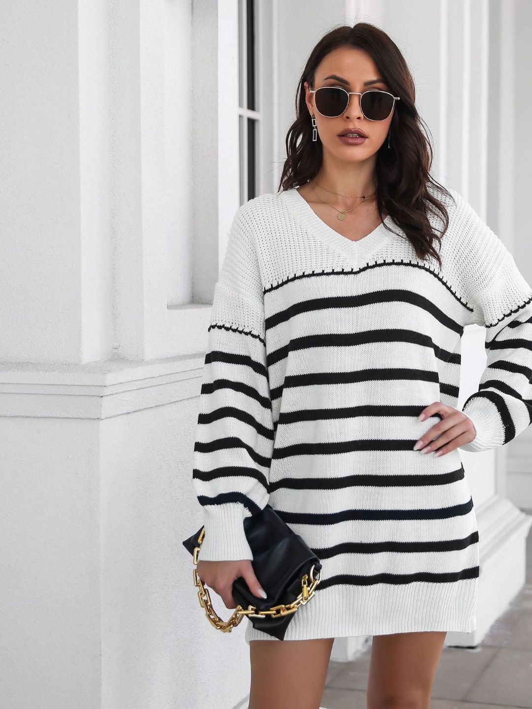 Womens Striped V-Neck Long Sleeves Sweater Dress