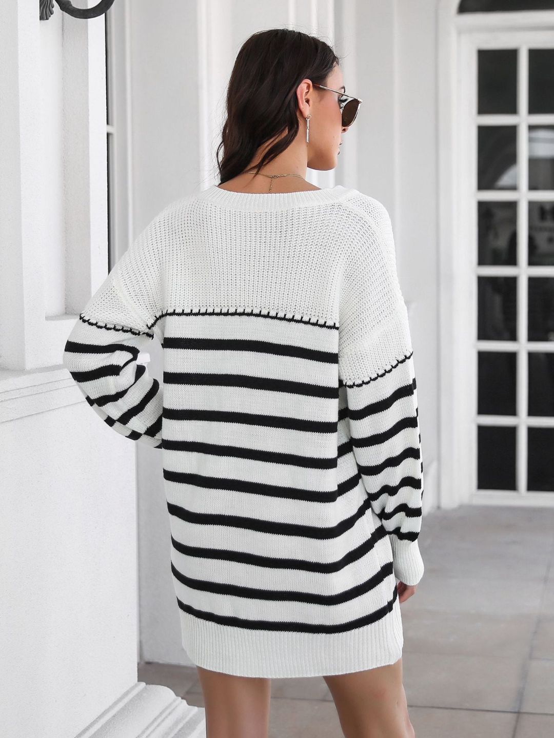 Womens Striped V-Neck Long Sleeves Sweater Dress
