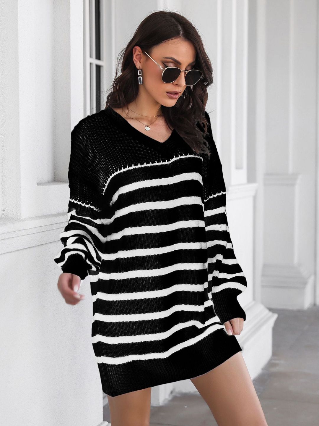 Womens Striped V-Neck Long Sleeves Sweater Dress