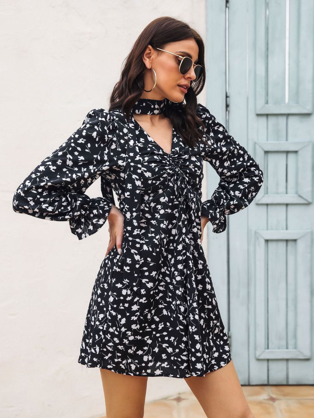 Drawstring V-Neck Long Sleeve Floral Print Chiffon Dress