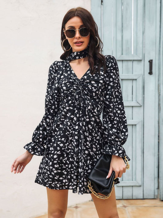 Drawstring V-Neck Long Sleeve Floral Print Chiffon Dress