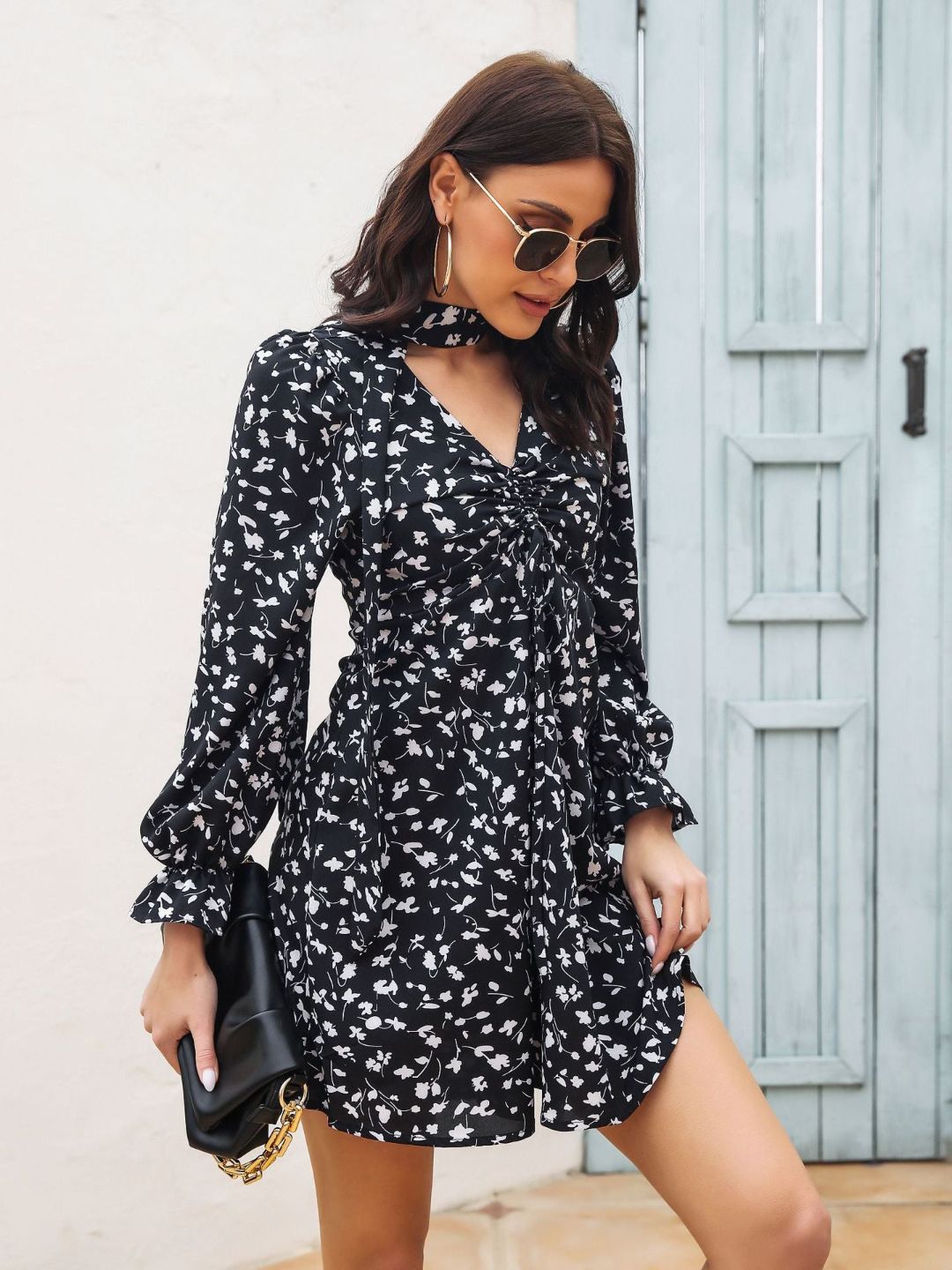 Drawstring V-Neck Long Sleeve Floral Print Chiffon Dress