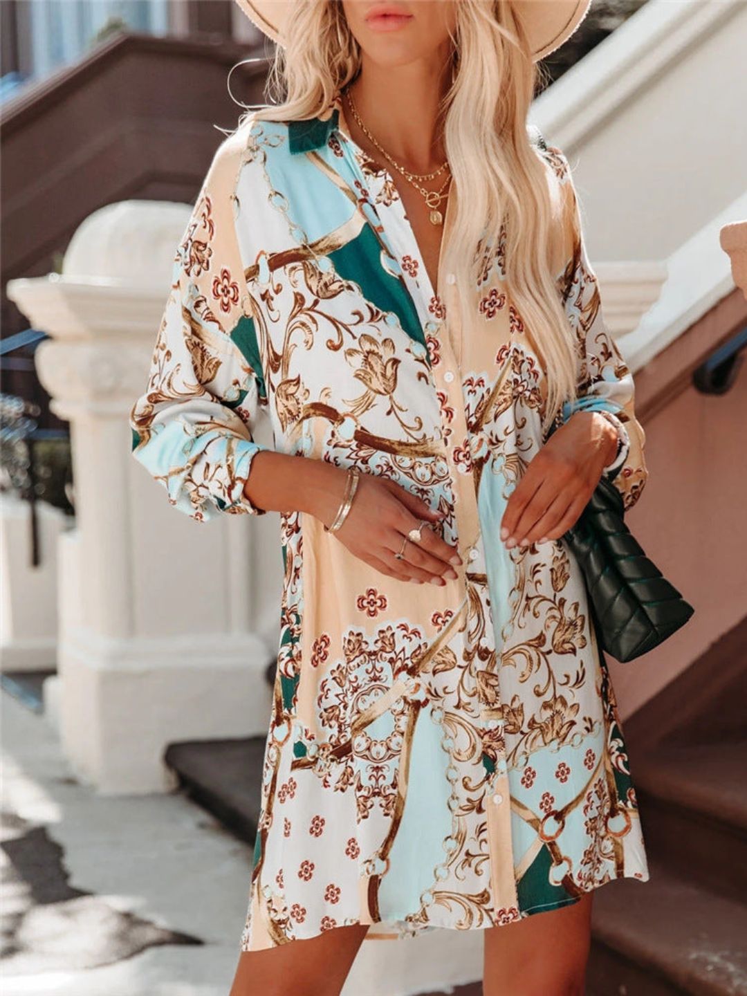Oh Rare Womens Printed Lapel Shirt Mini Dress