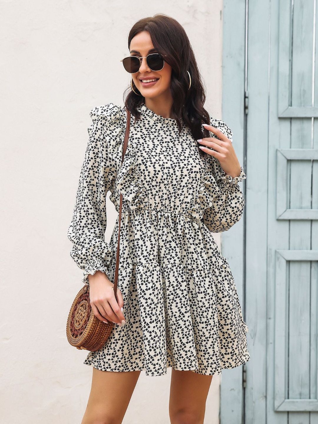 Ruffled Fungus Edge Stand Up Collar Floral Print Dress