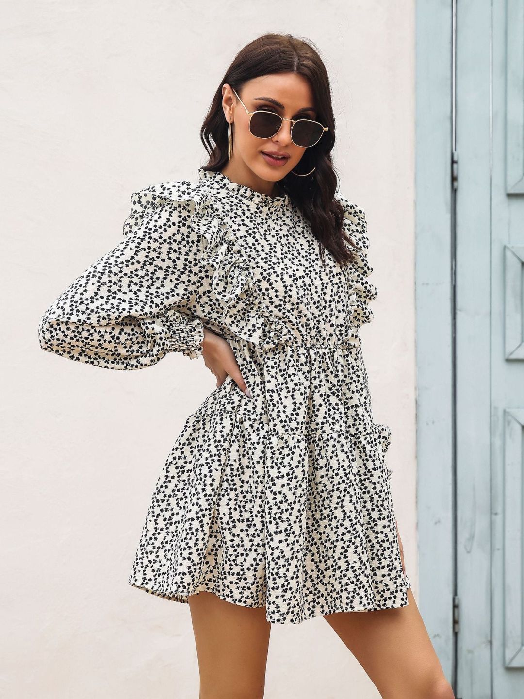 Ruffled Fungus Edge Stand Up Collar Floral Print Dress