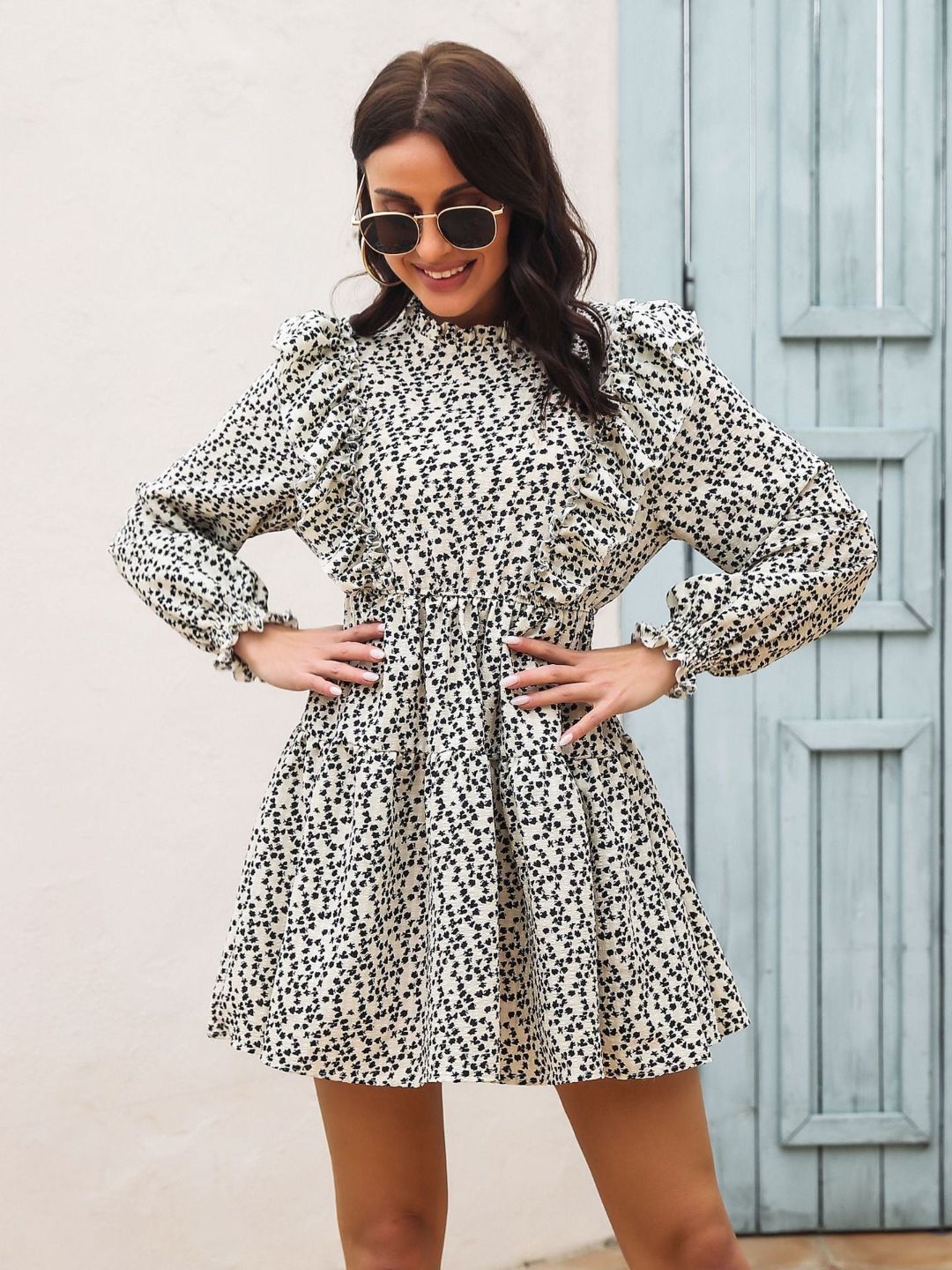Ruffled Fungus Edge Stand Up Collar Floral Print Dress