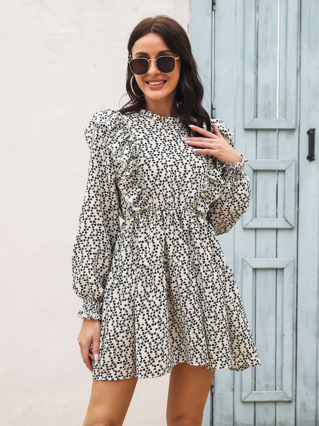 Ruffled Fungus Edge Stand Up Collar Floral Print Dress