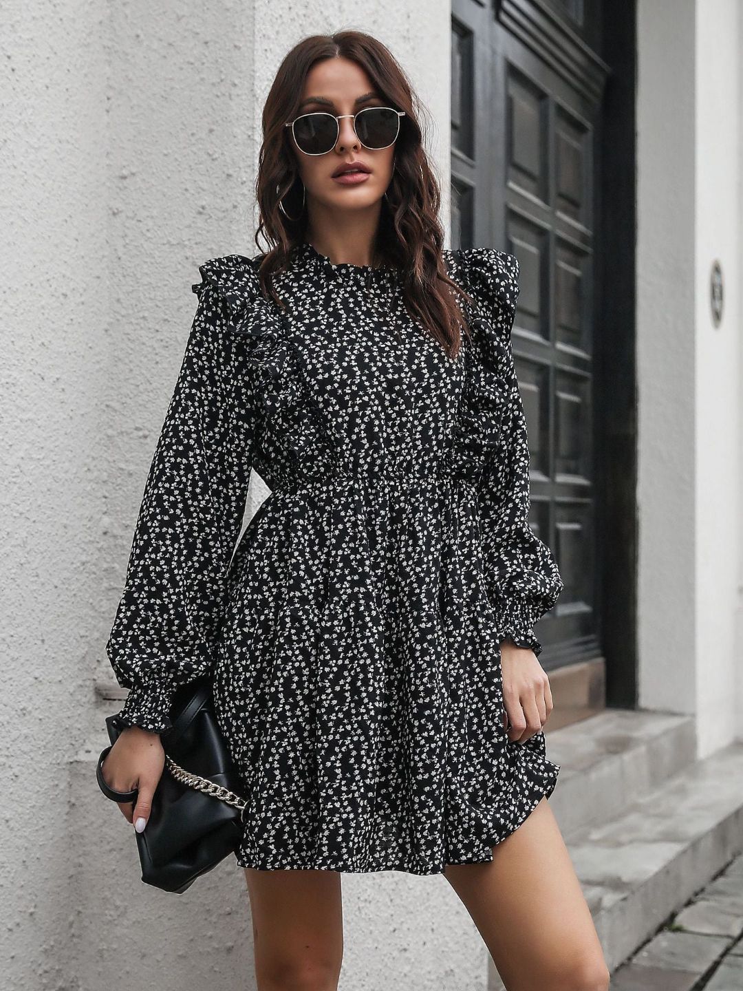 Ruffled Fungus Edge Stand Up Collar Floral Print Dress