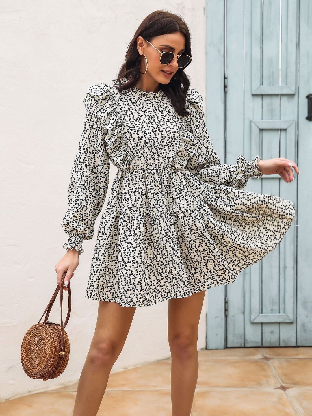 Ruffled Fungus Edge Stand Up Collar Floral Print Dress
