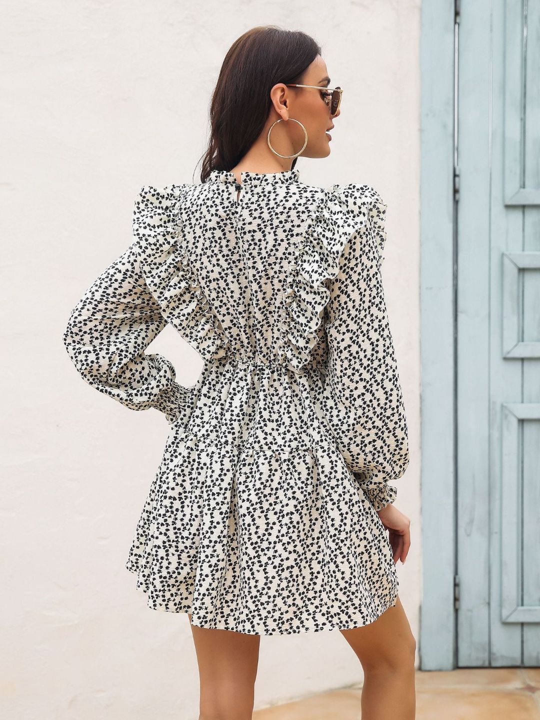 Ruffled Fungus Edge Stand Up Collar Floral Print Dress