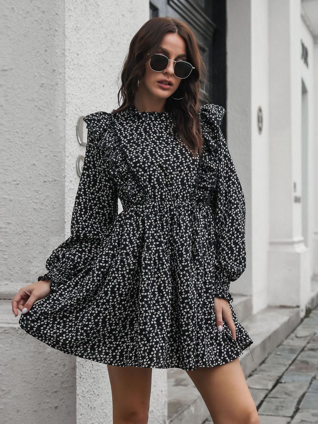 Ruffled Fungus Edge Stand Up Collar Floral Print Dress