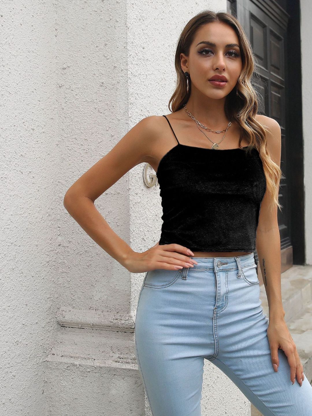 Shoulder Strap Velvet Crop Top