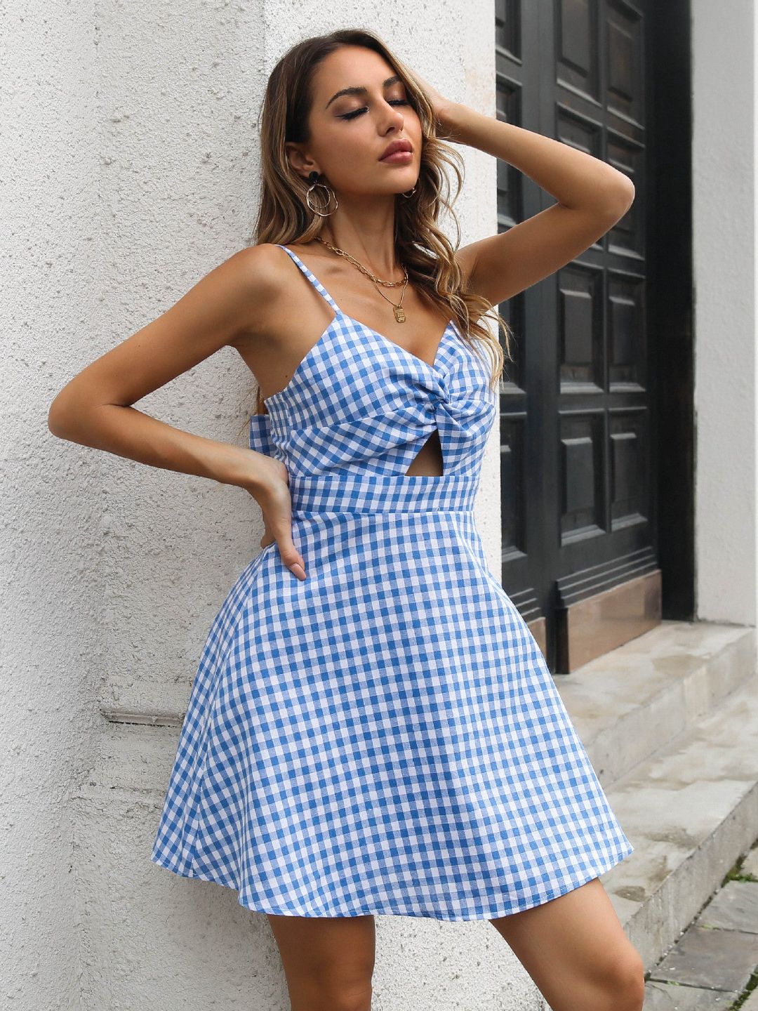 Shoulder Straps Checked Fit And Flare Dress