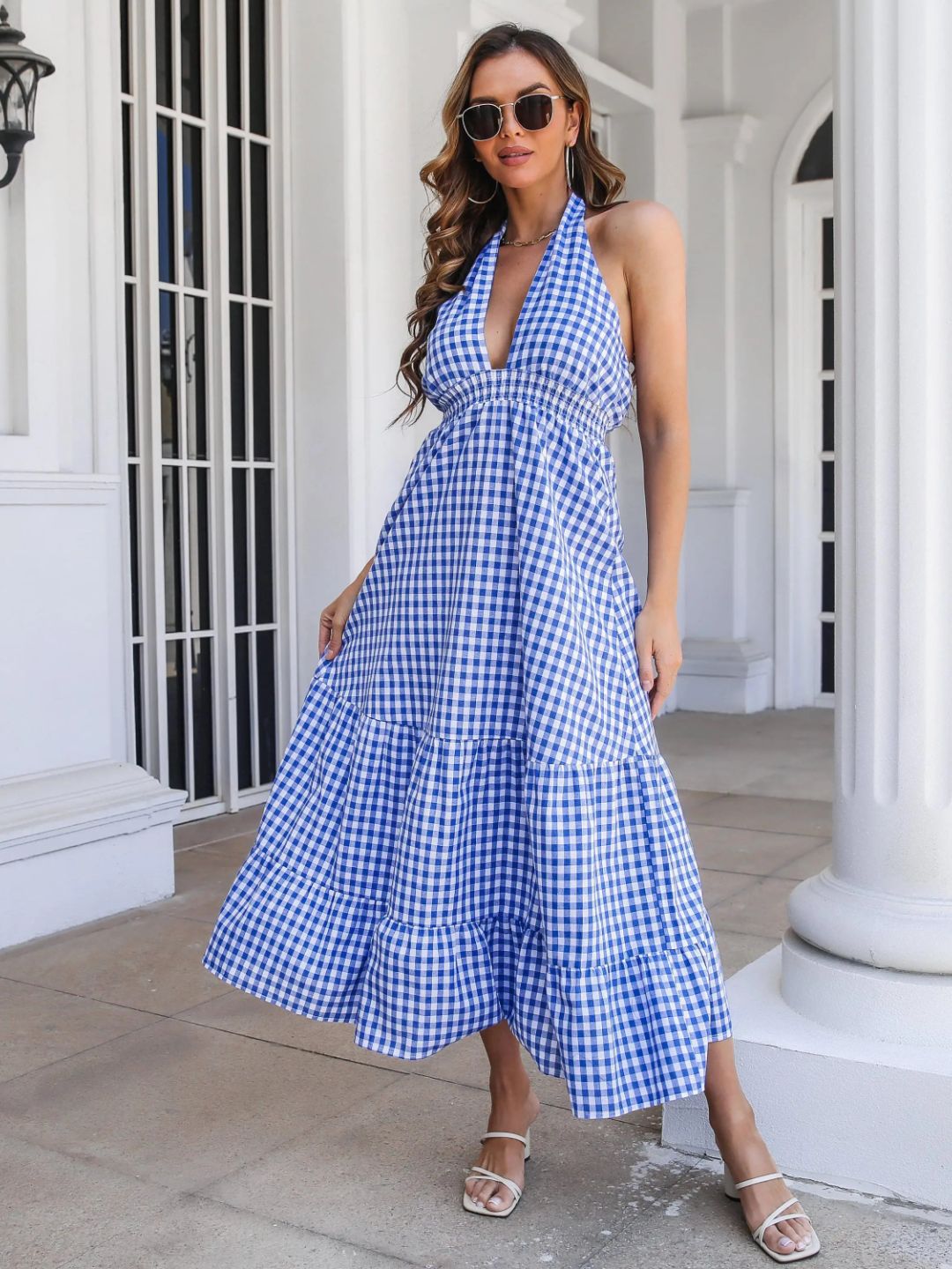 Bohemian Resort Style Waist-Hugging Plaid Halter Neck Dress