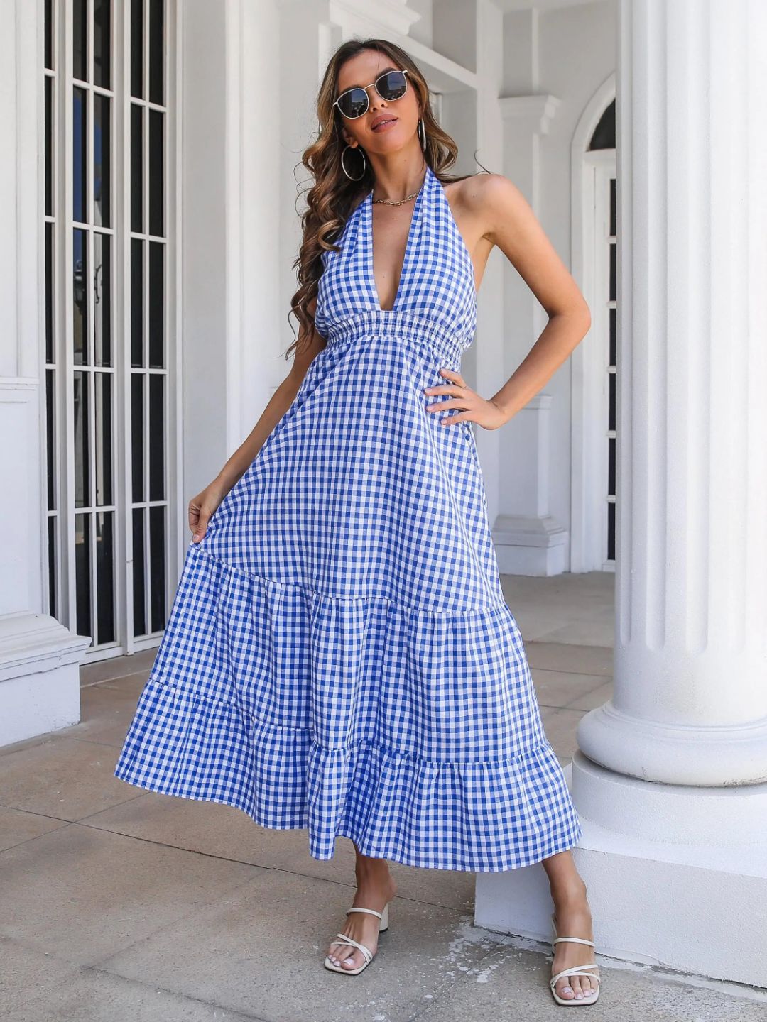 Bohemian Resort Style Waist-Hugging Plaid Halter Neck Dress