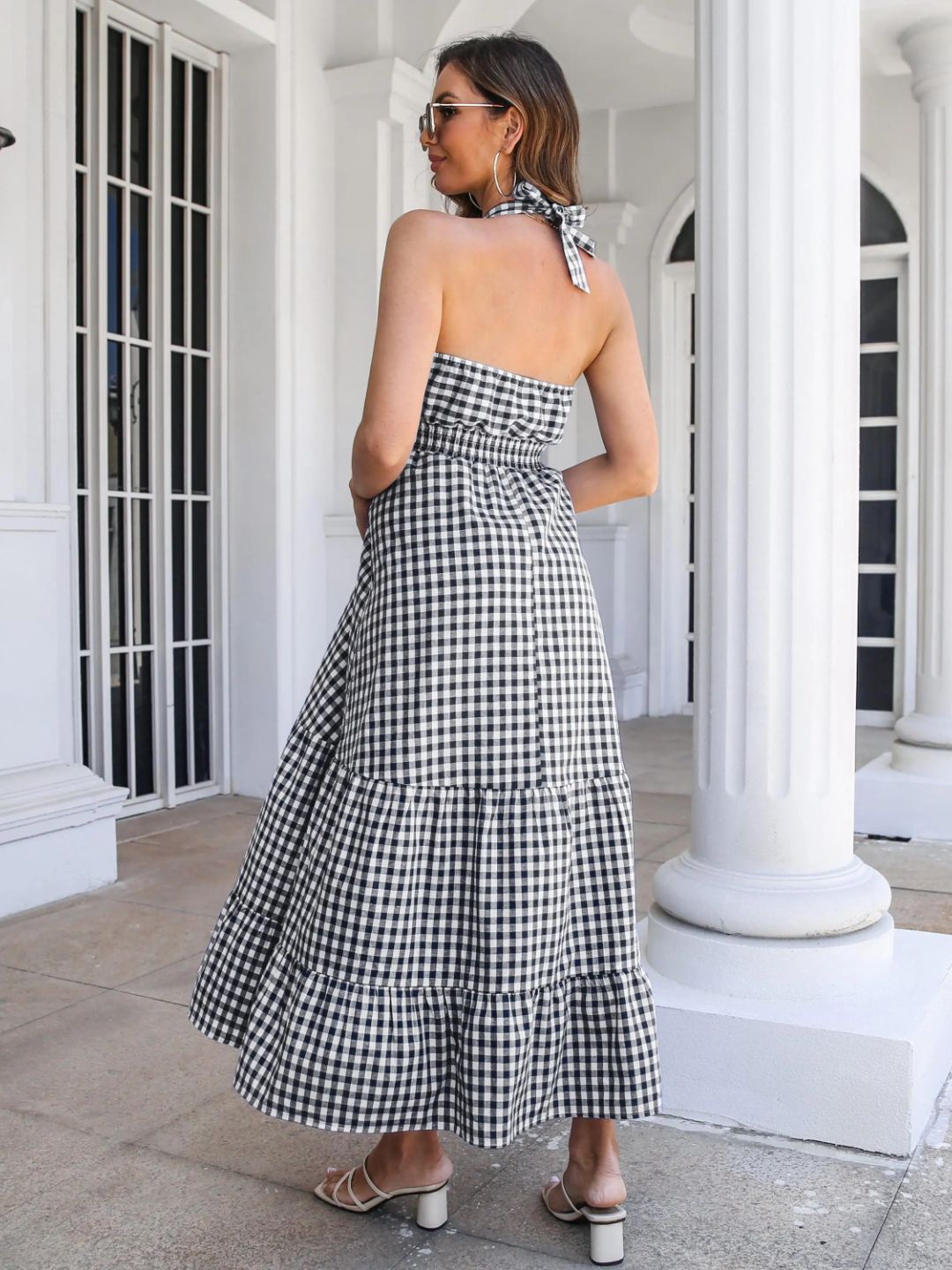 Bohemian Resort Style Waist-Hugging Plaid Halter Neck Dress