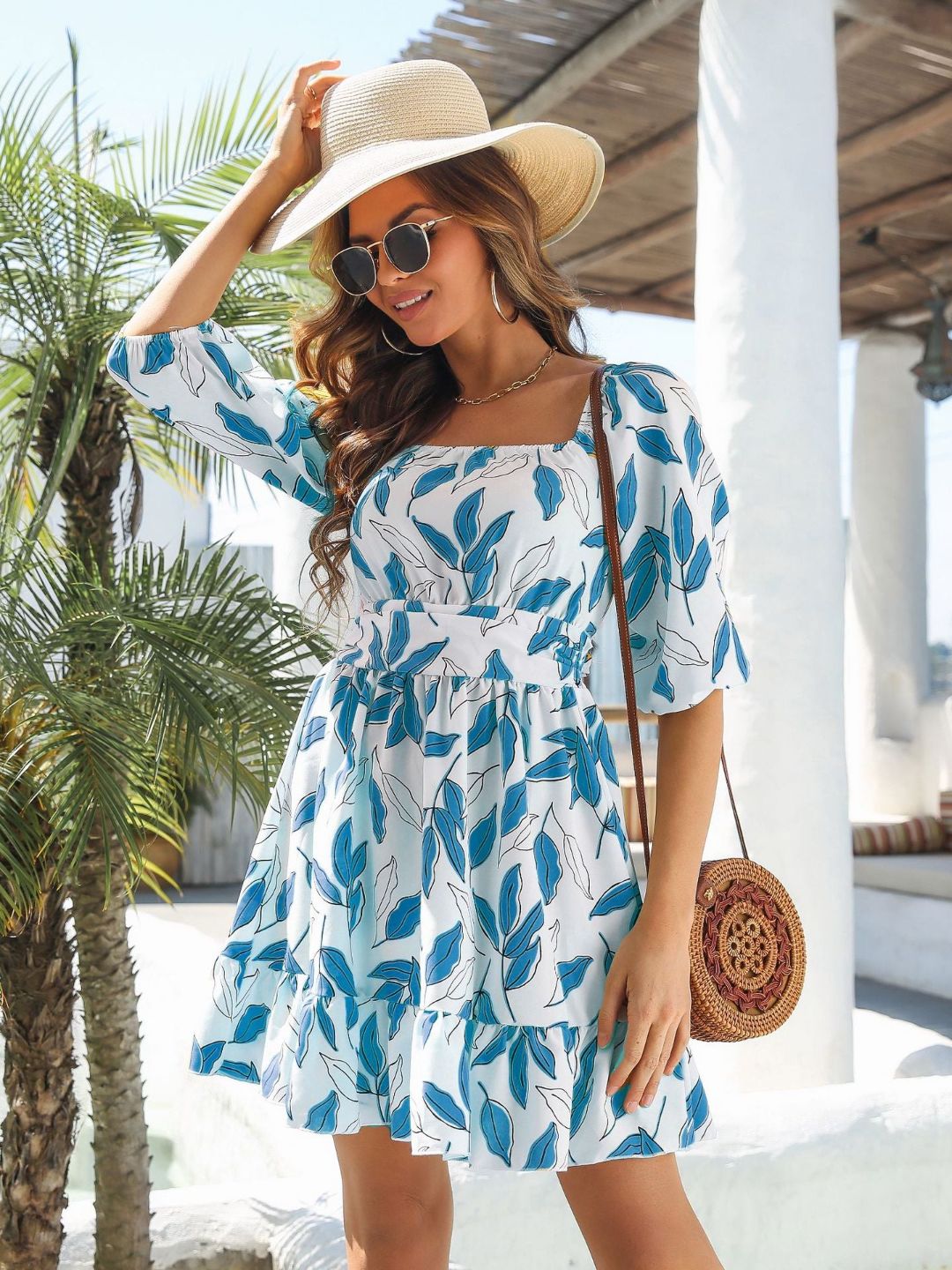 Womens Ruffled Square Neck Strap Short Dress